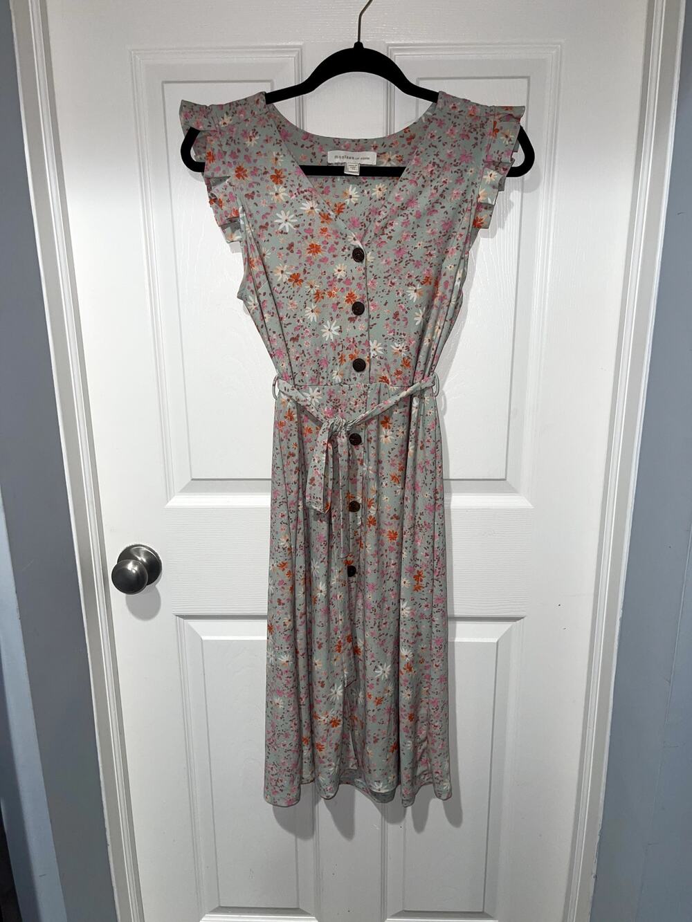 Monteau Sage Green Floral Button-Front Ruffle Sleeve Midi Dress